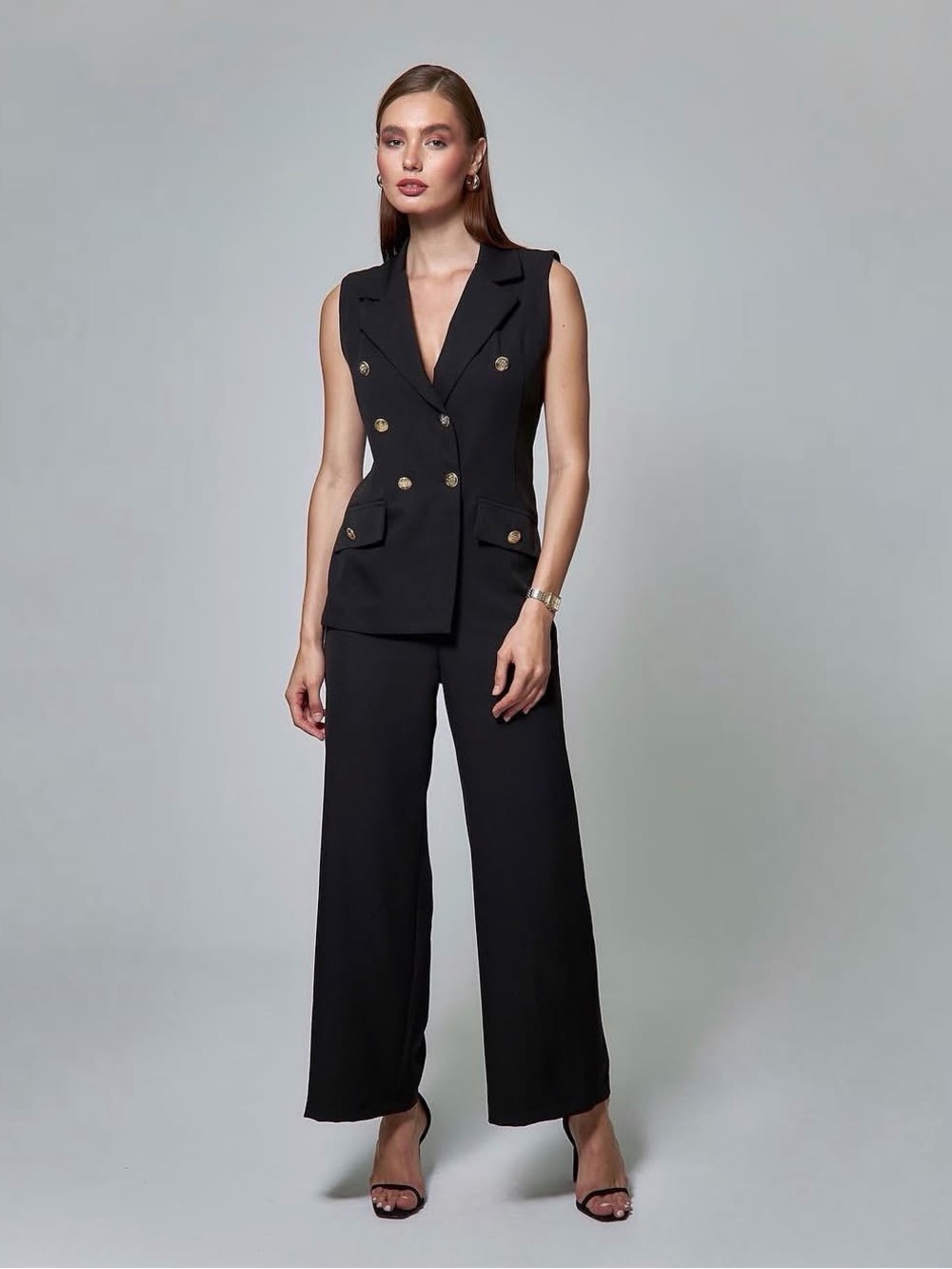 Sleeveless Double-Breasted Wide-Leg Jumpsuit in Black